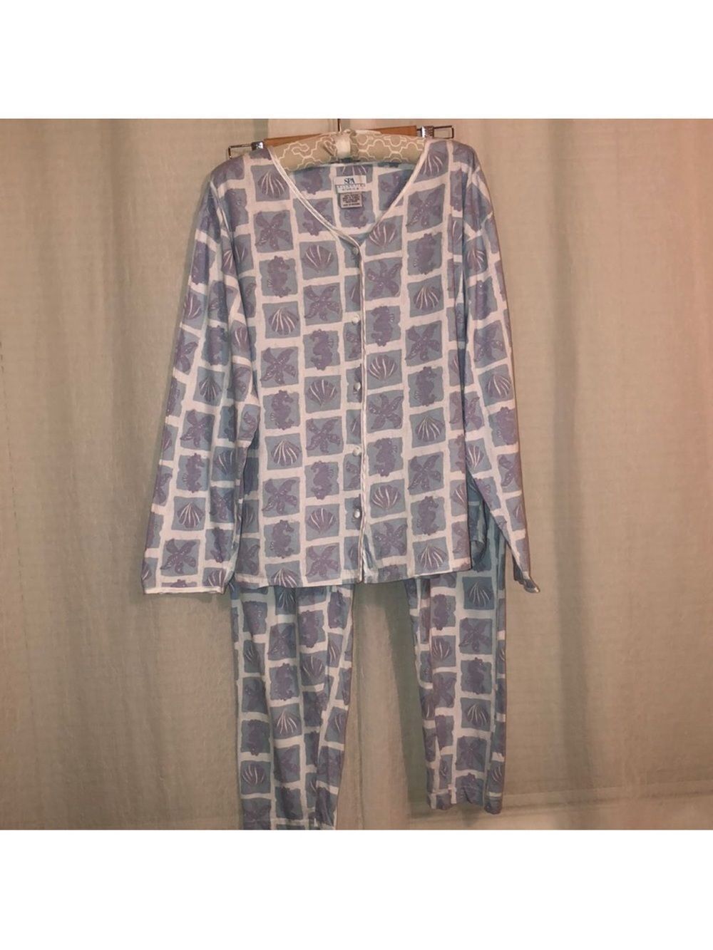 SPA Collection M/L Studio B 💯 Cotton Seashell Button Down Satin Trim PJ Set